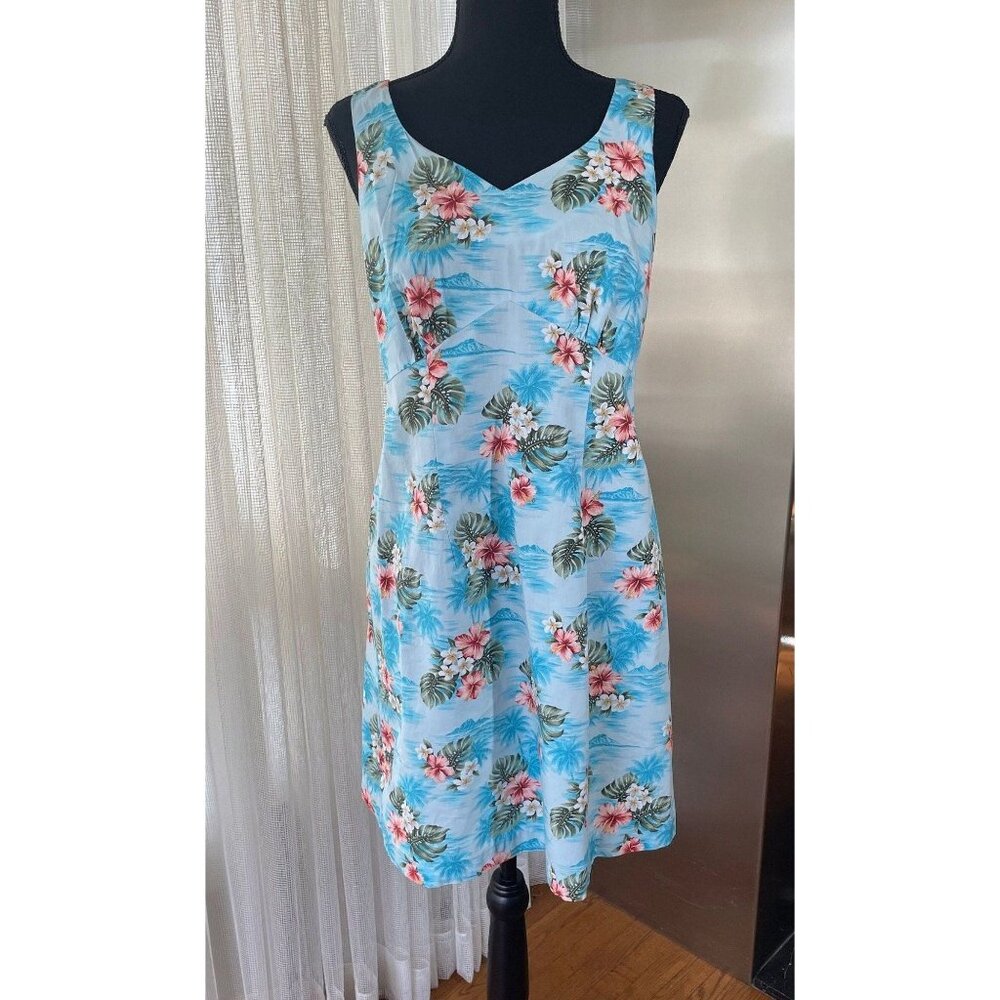 Vintage 80s dress, blue floral, sleeveless, Hilo Hatties Hawaiian original